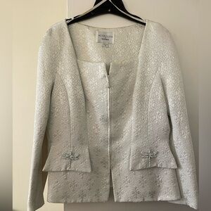 Victor Costa Ivory Brocade Zip-Front Blazer with Dragonfly Embellishments
